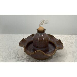 Alewine Pottery Ceramic Oil Lamp Wavy Edge Design & Wick Insert Gatlinburg Handm